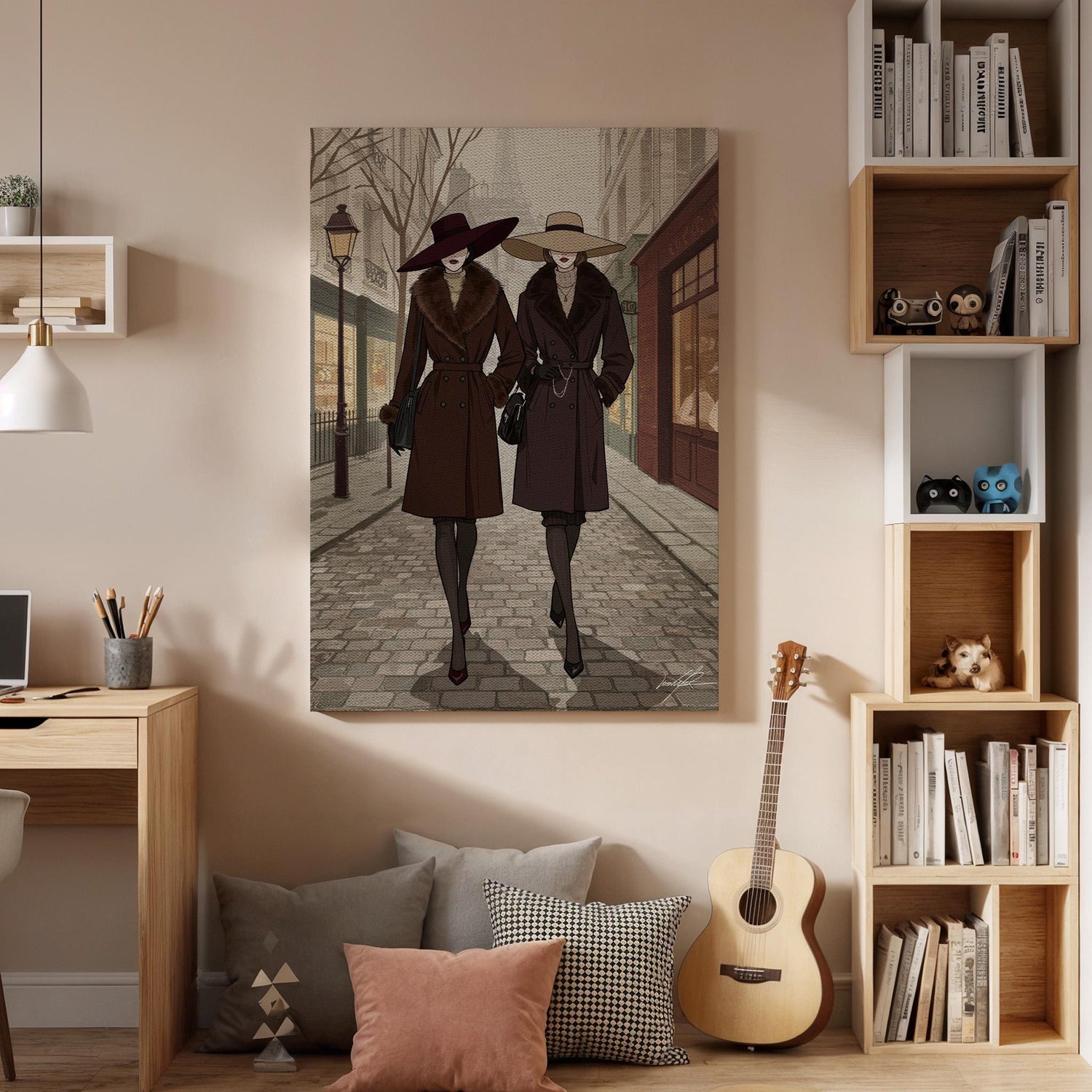 Vintage Fashion Illustration Canvas Wall Art  Elegant Women in Trench Coats Street Scene Print, Parisian Style Gift for Fashion Lovers