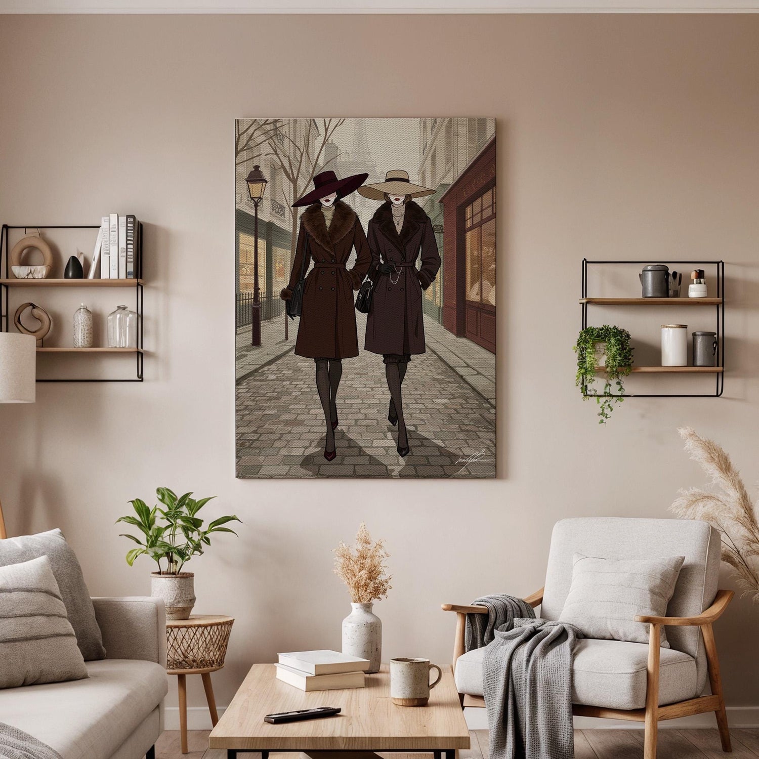Vintage Fashion Illustration Canvas Wall Art  Elegant Women in Trench Coats Street Scene Print, Parisian Style Gift for Fashion Lovers