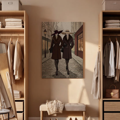 Vintage Fashion Illustration Canvas Wall Art  Elegant Women in Trench Coats Street Scene Print, Parisian Style Gift for Fashion Lovers