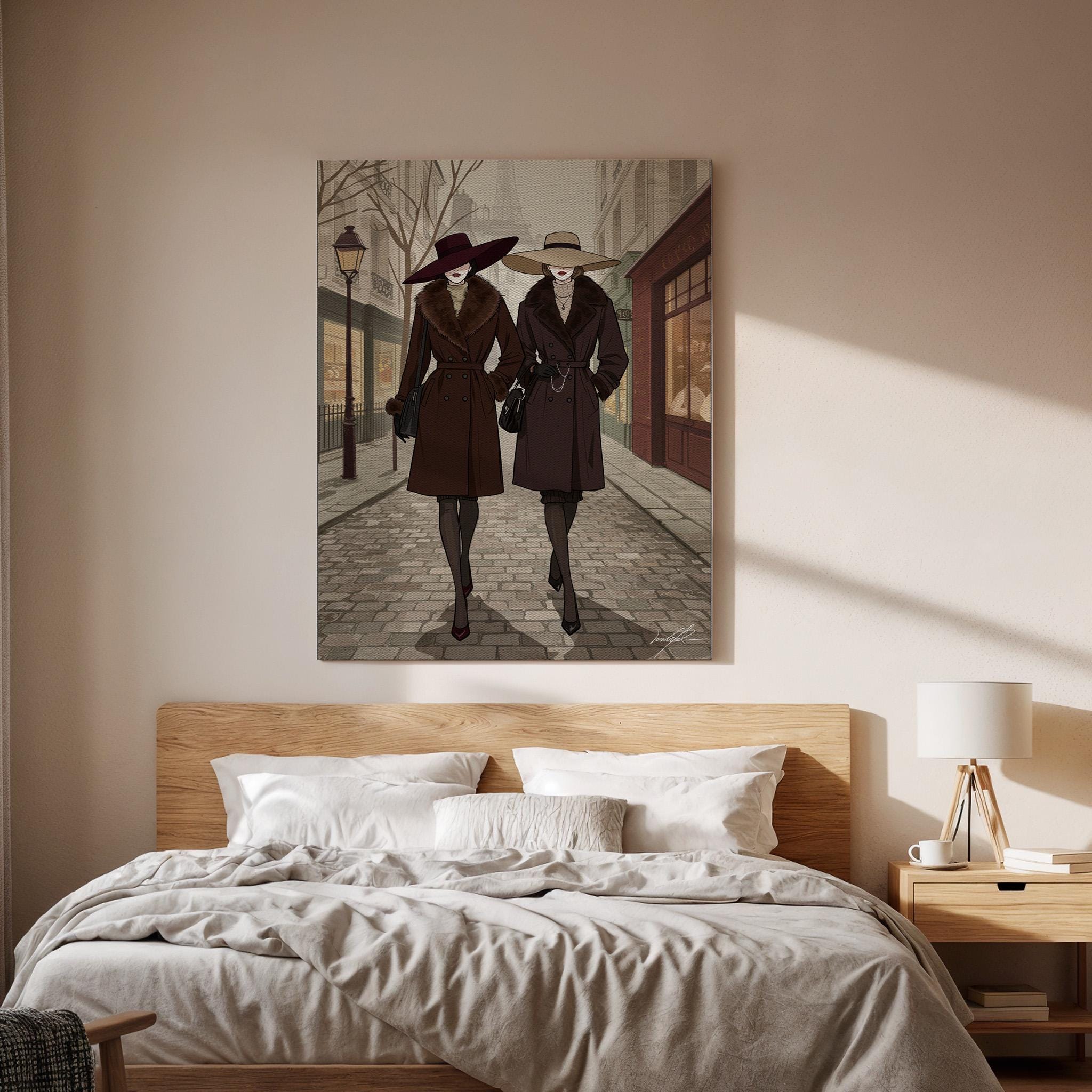 Vintage Fashion Illustration Canvas Wall Art  Elegant Women in Trench Coats Street Scene Print, Parisian Style Gift for Fashion Lovers