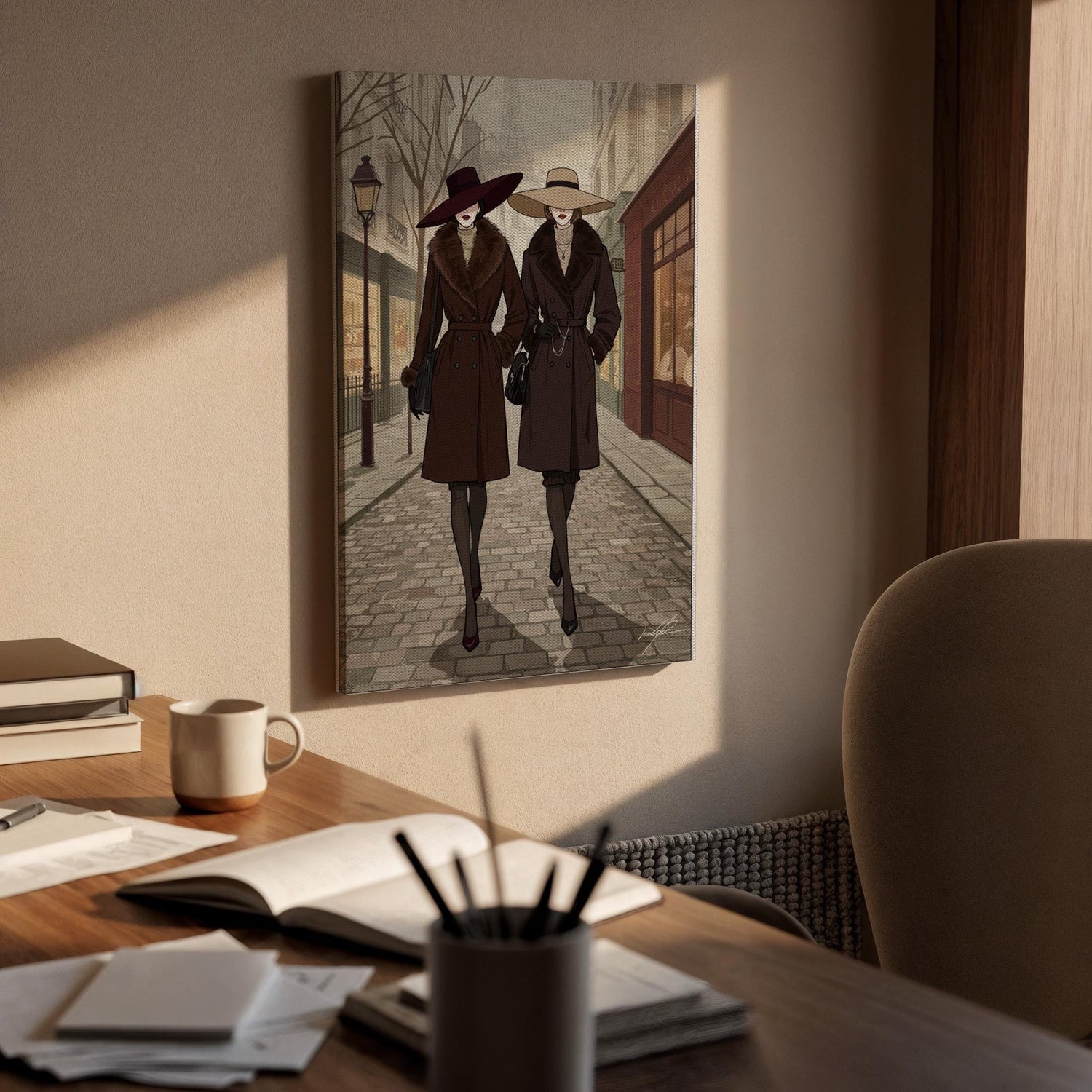 Vintage Fashion Illustration Canvas Wall Art  Elegant Women in Trench Coats Street Scene Print, Parisian Style Gift for Fashion Lovers