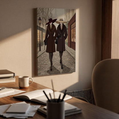 Vintage Fashion Illustration Canvas Wall Art  Elegant Women in Trench Coats Street Scene Print, Parisian Style Gift for Fashion Lovers