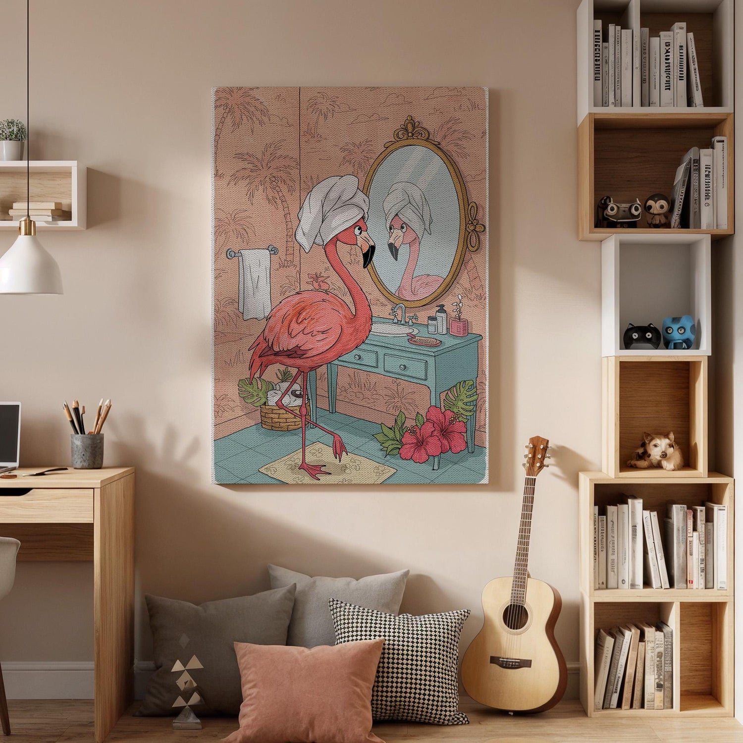 Glam Flamingo Bathroom Wall Art  Funny Pink Bird Canvas Print, Tropical Animal Decor, Feminine Vanity Poster for Girls Room or Spa Vibe