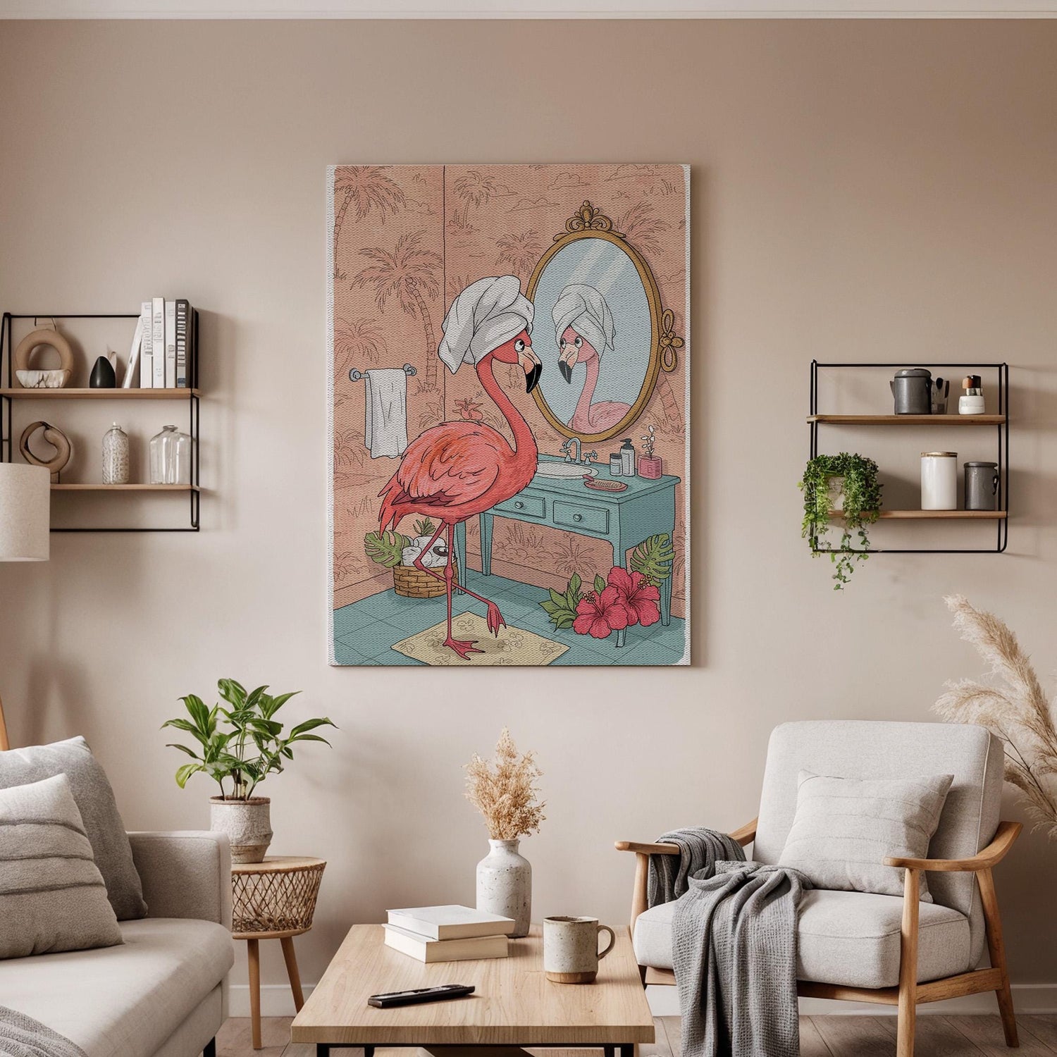 Glam Flamingo Bathroom Wall Art  Funny Pink Bird Canvas Print, Tropical Animal Decor, Feminine Vanity Poster for Girls Room or Spa Vibe