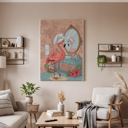 Glam Flamingo Bathroom Wall Art  Funny Pink Bird Canvas Print, Tropical Animal Decor, Feminine Vanity Poster for Girls Room or Spa Vibe