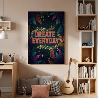 Create Everyday Canvas Wall Art  Inspiring Music Quote Print with Leaves &amp; Stars, Artistic Motivation Poster for Studio, Office, or Gift