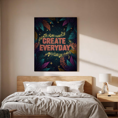 Create Everyday Canvas Wall Art  Inspiring Music Quote Print with Leaves &amp; Stars, Artistic Motivation Poster for Studio, Office, or Gift