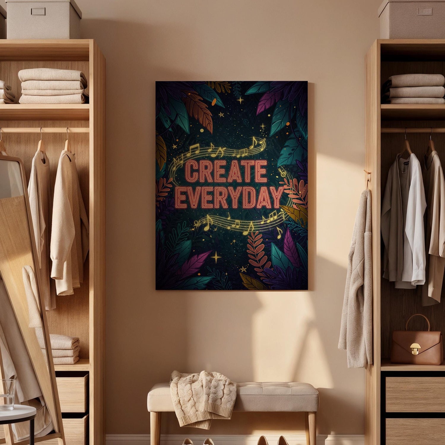 Create Everyday Canvas Wall Art  Inspiring Music Quote Print with Leaves &amp; Stars, Artistic Motivation Poster for Studio, Office, or Gift