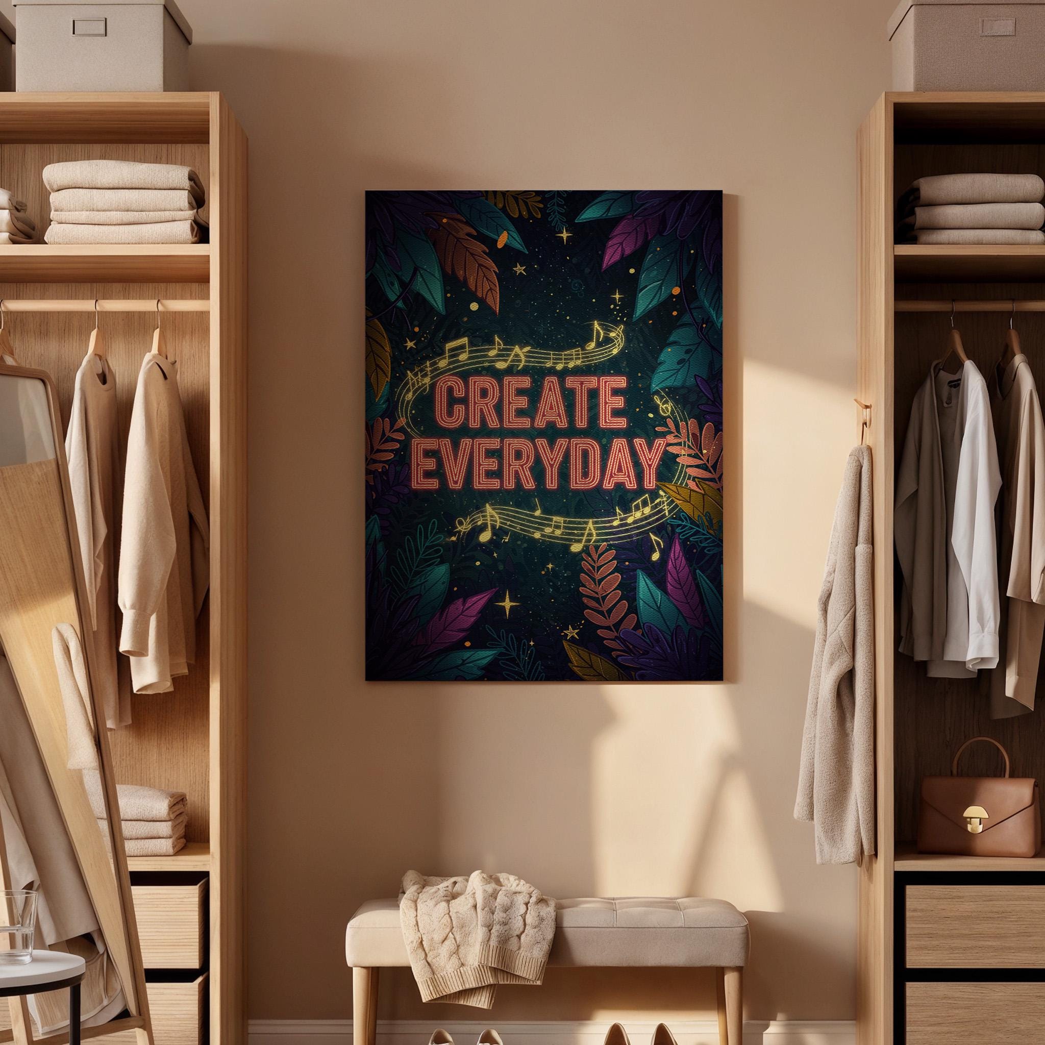 Create Everyday Canvas Wall Art  Inspiring Music Quote Print with Leaves &amp; Stars, Artistic Motivation Poster for Studio, Office, or Gift