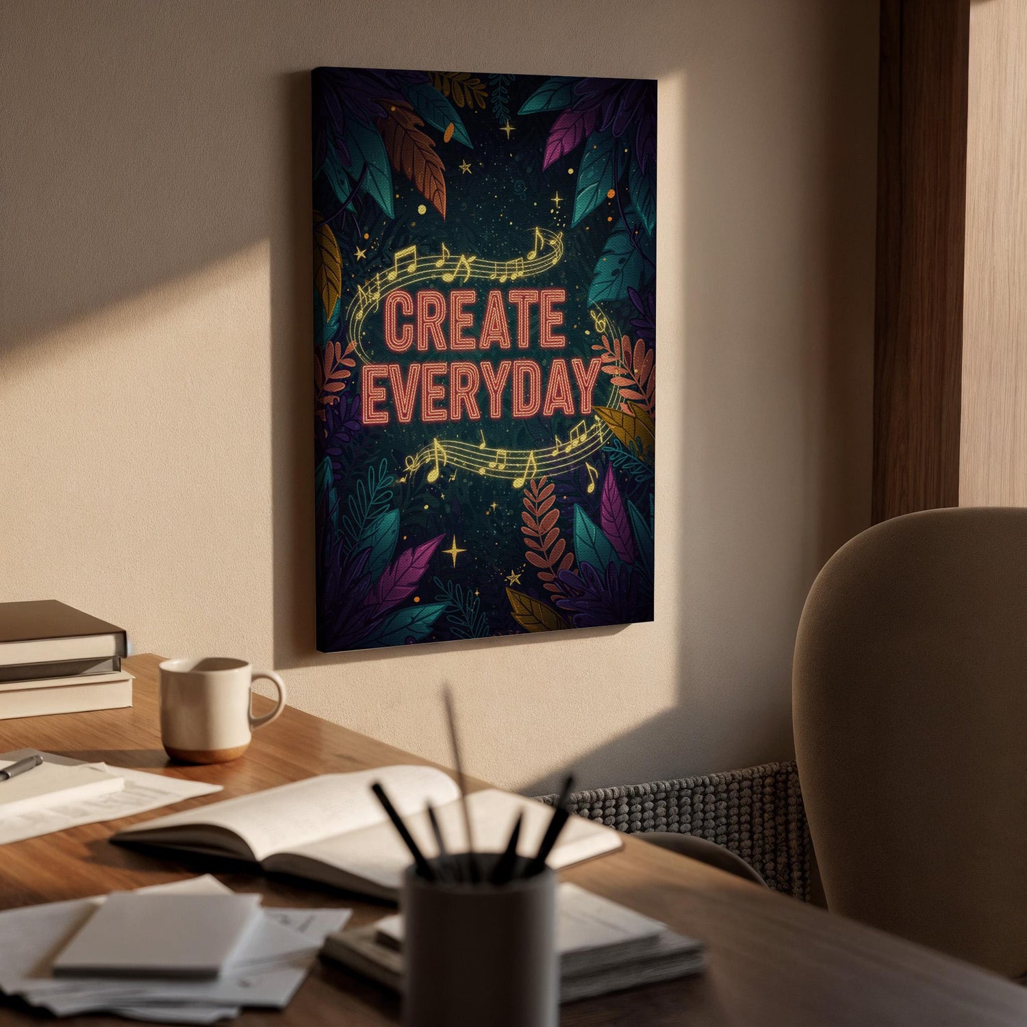 Create Everyday Canvas Wall Art  Inspiring Music Quote Print with Leaves &amp; Stars, Artistic Motivation Poster for Studio, Office, or Gift