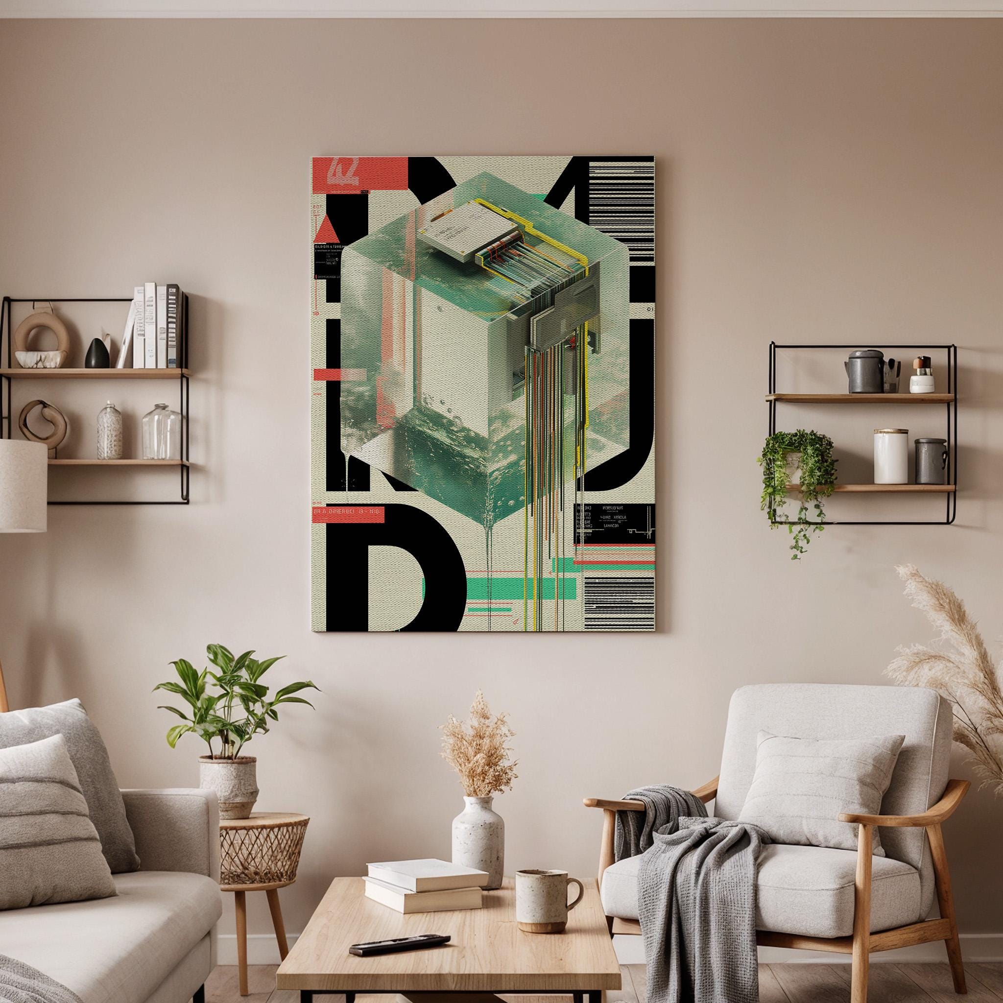 Futuristic Cube Canvas Wall Art  Abstract Digital Poster, Cyberpunk Inspired Geometric Print, Techno Modern Artwork for Office and Home