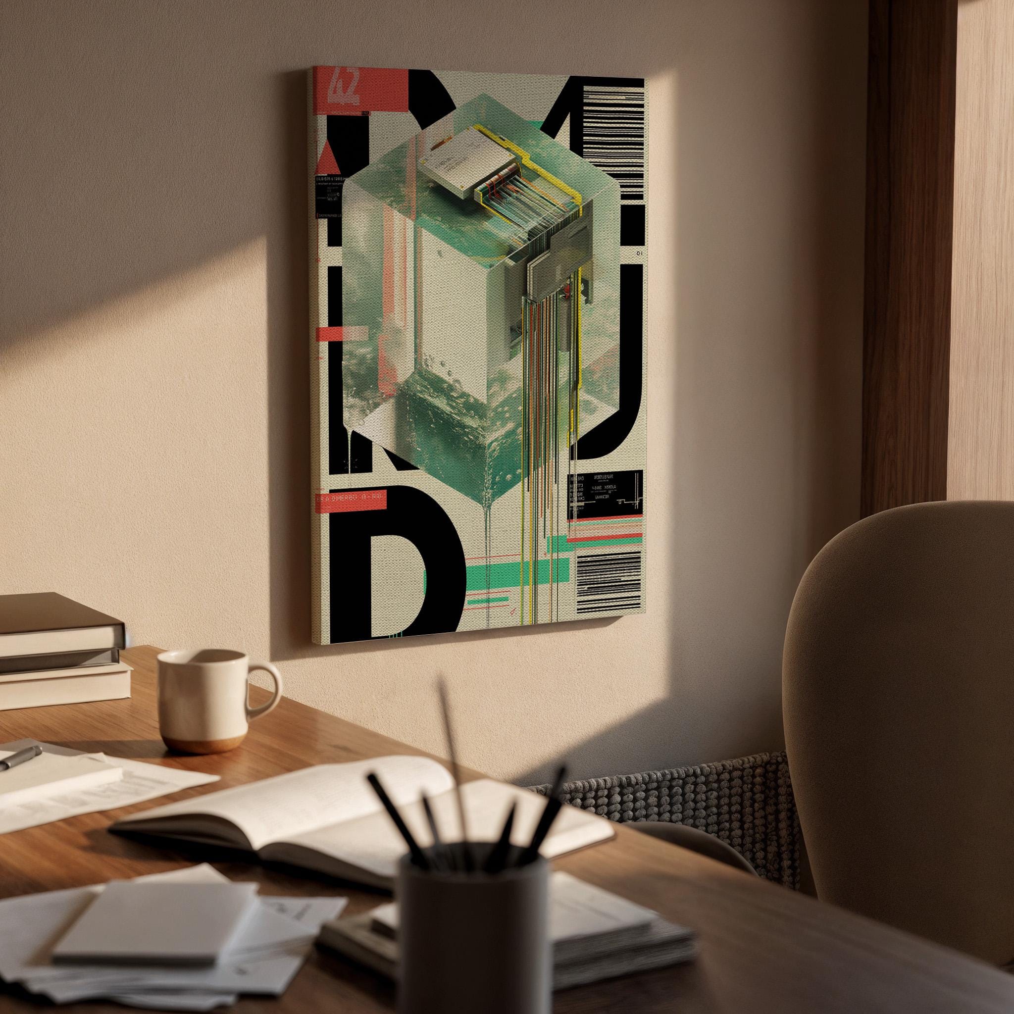 Futuristic Cube Canvas Wall Art  Abstract Digital Poster, Cyberpunk Inspired Geometric Print, Techno Modern Artwork for Office and Home