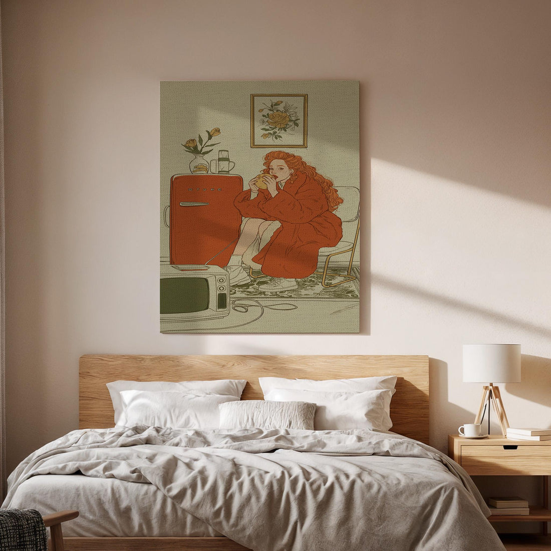 Retro Girl Canvas Wall Art  Vintage Illustration Poster, Cozy Nostalgic Home Print, Aesthetic Retro Room Decor Gift for Art Lovers