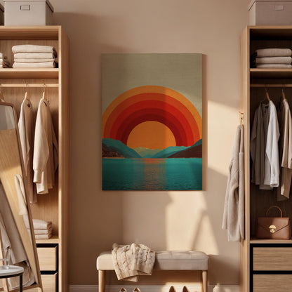 Retro Sunset Canvas Wall Art  Geometric Landscape Poster, Bold Sun and Mountain Print, Modern Boho Minimalist Wall Decor Gift for Home