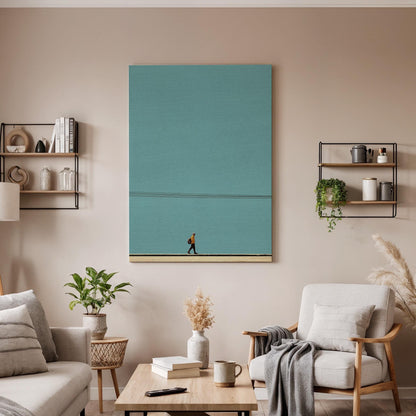 Minimalist Walking Man Canvas Wall Art Modern Abstract Poster Blue Sky Large Print Contemporary Home Office Decor for Travelers and Dreamers