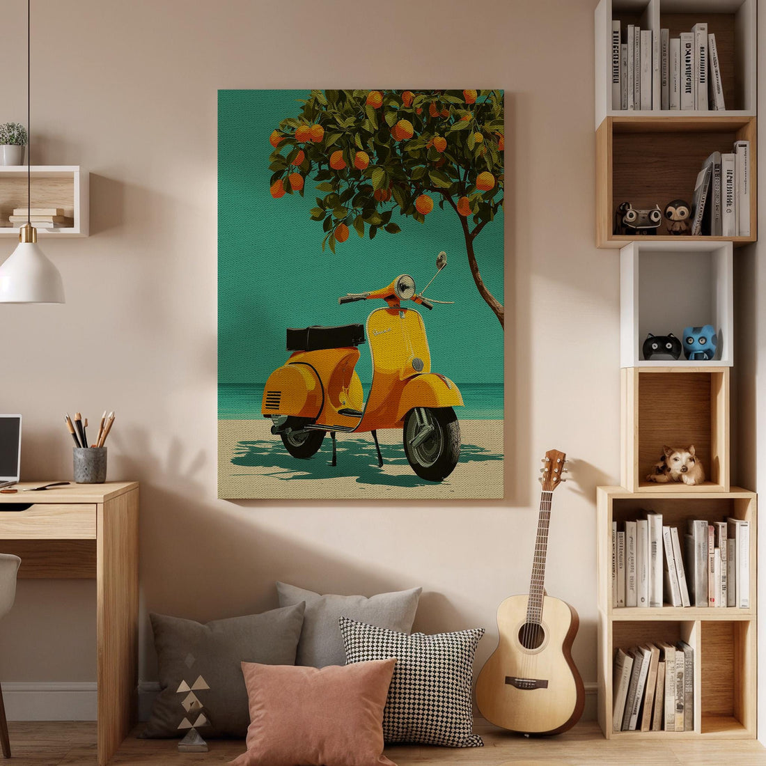 Retro Scooter Canvas Wall Art Vintage Motorcycle Poster Summer Beach Print Orange Tree Teal Sky Decor for Riders Travelers and Coastal Homes