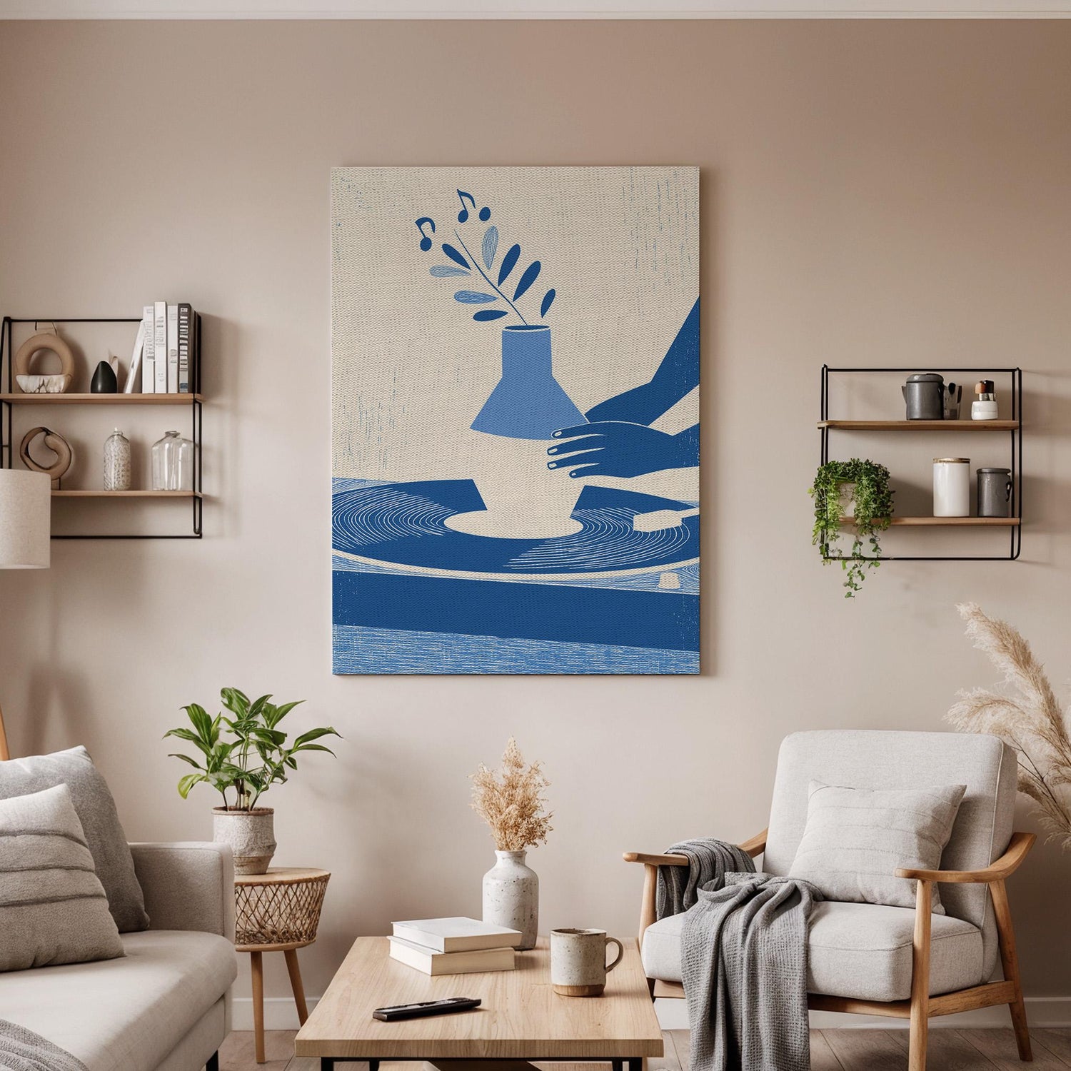 Modern Pottery Canvas Wall Art Abstract Hands Vase Print Minimal Blue Beige Poster Ceramic Studio Inspired Artwork Contemporary Home Decor