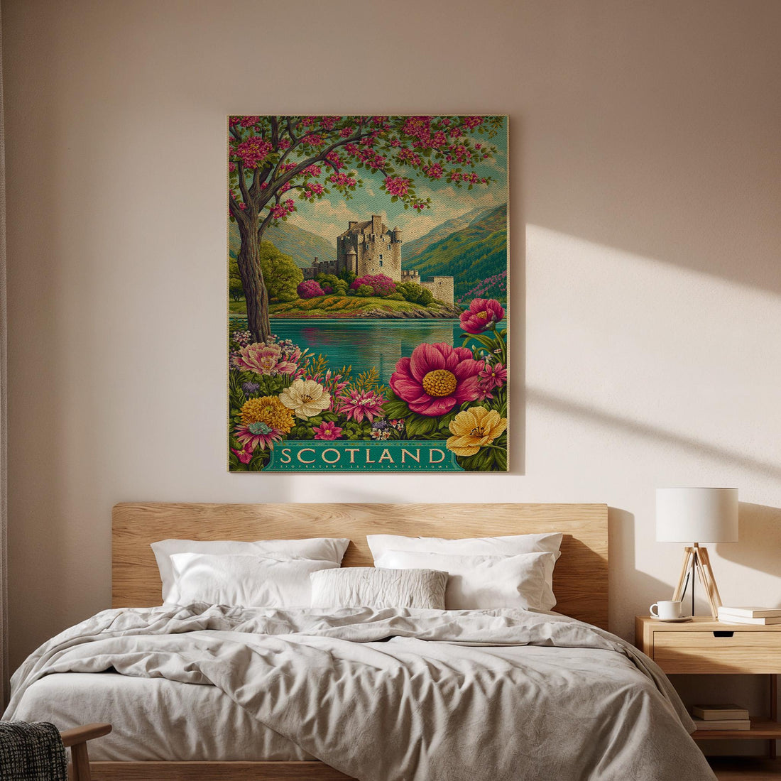 Scotland Castle Canvas Wall Art Vintage Travel Poster Botanical Flower Print Romantic Landscape Artwork Nature Inspired Scotland Decor Gift