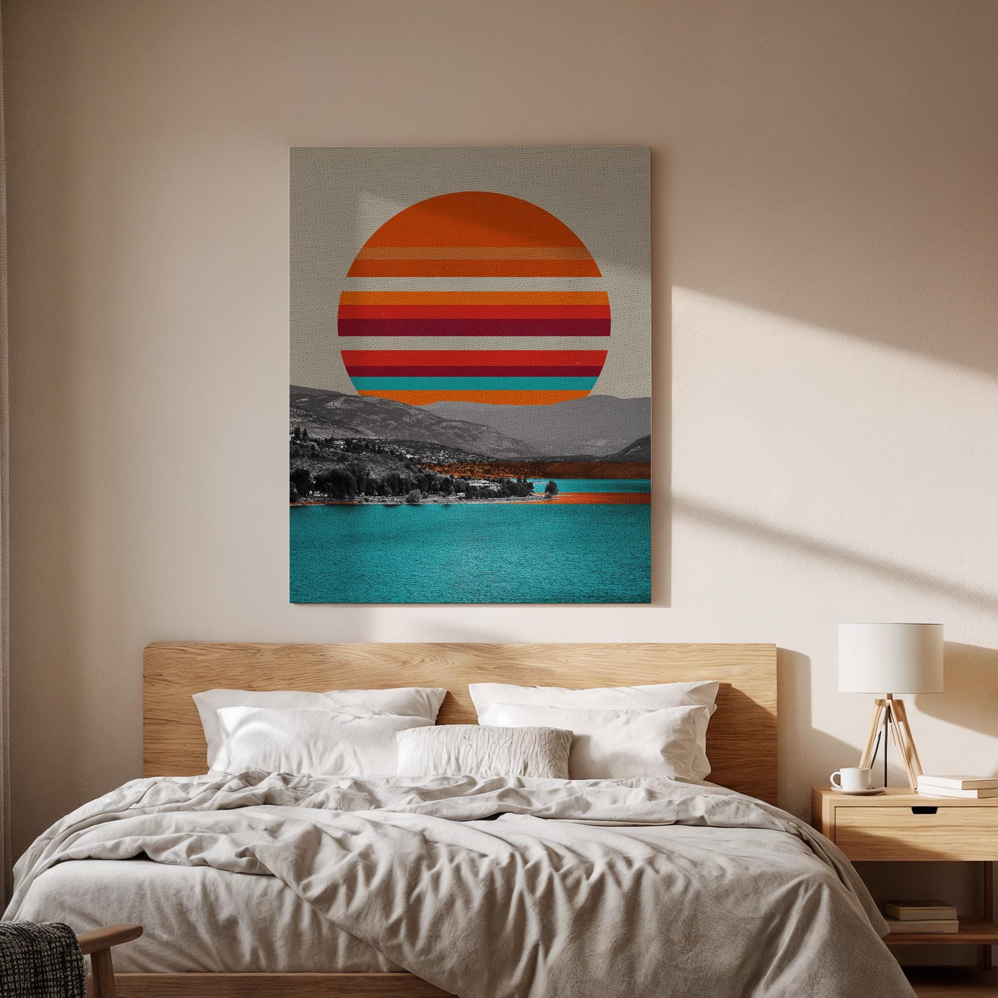Retro Sunset Canvas Wall Art Abstract Landscape Poster with Ocean View Minimalist Striped Sun Print Modern Coastal Artwork for Home