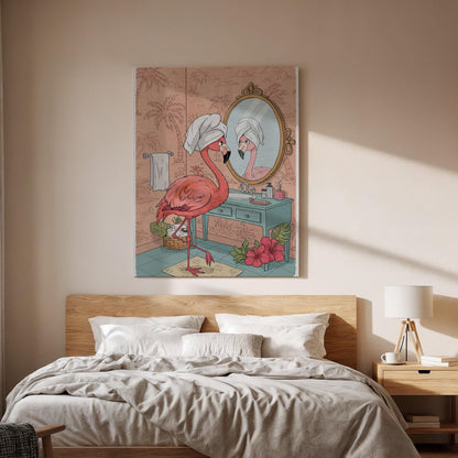Glam Flamingo Bathroom Wall Art  Funny Pink Bird Canvas Print, Tropical Animal Decor, Feminine Vanity Poster for Girls Room or Spa Vibe