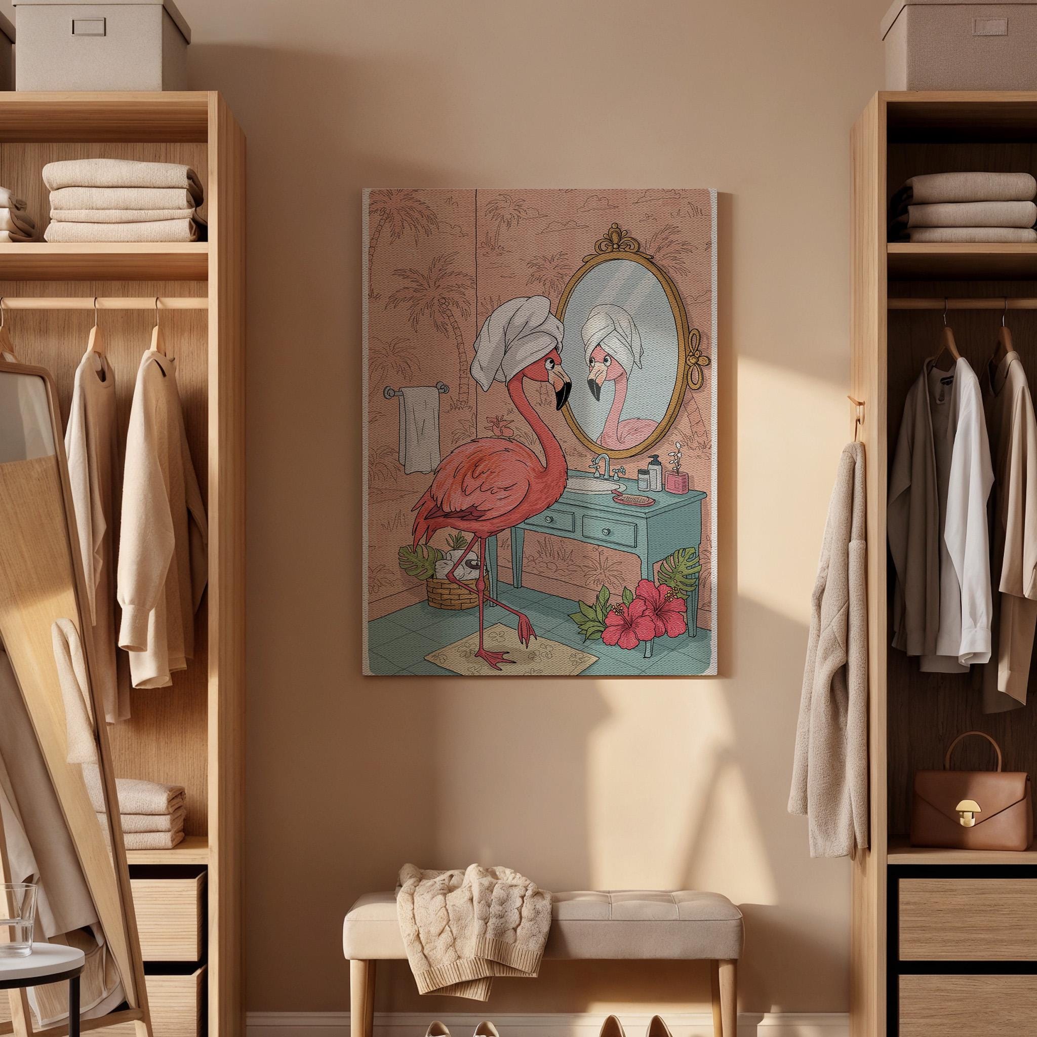 Glam Flamingo Bathroom Wall Art  Funny Pink Bird Canvas Print, Tropical Animal Decor, Feminine Vanity Poster for Girls Room or Spa Vibe