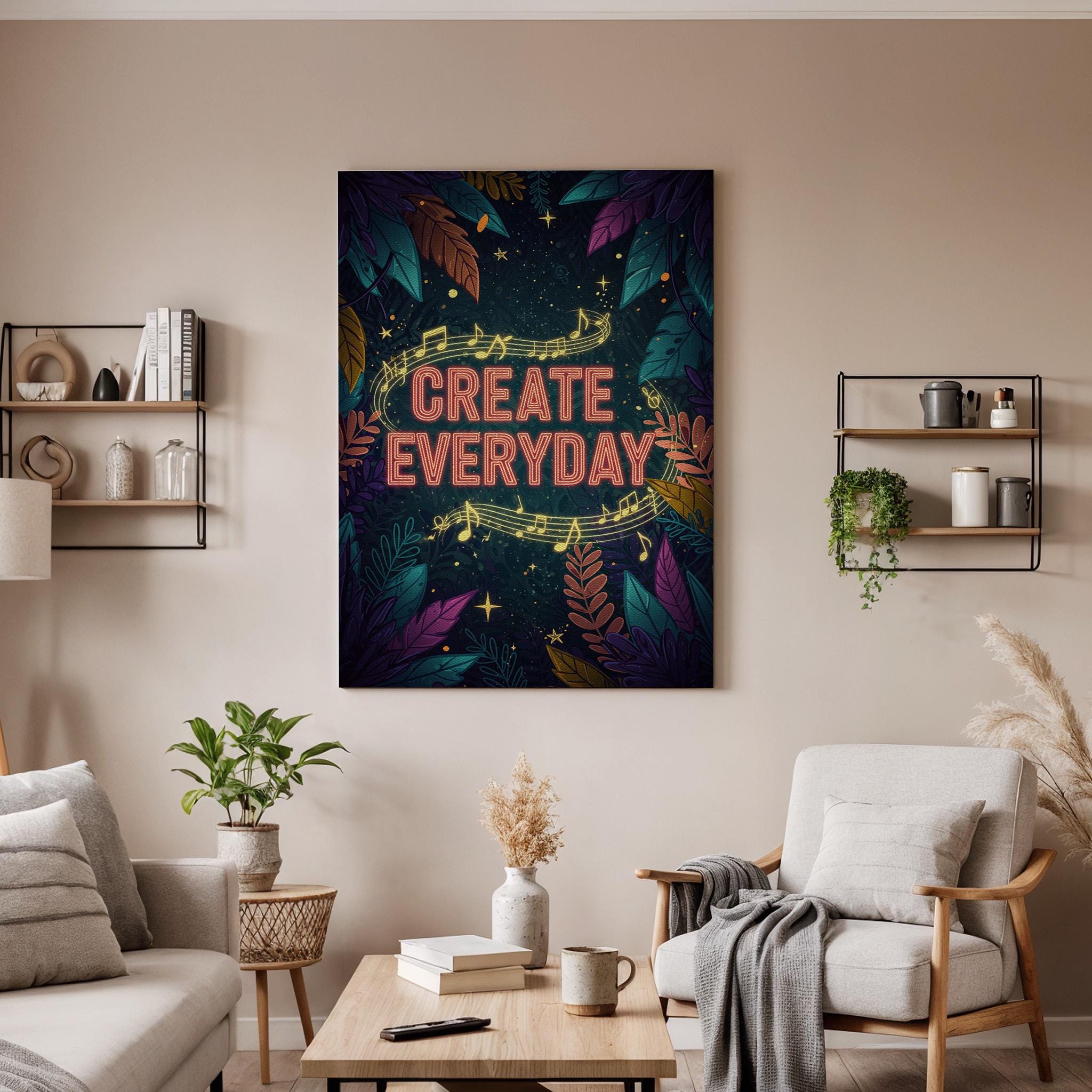 Create Everyday Canvas Wall Art  Inspiring Music Quote Print with Leaves &amp; Stars, Artistic Motivation Poster for Studio, Office, or Gift