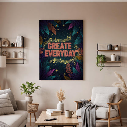 Create Everyday Canvas Wall Art  Inspiring Music Quote Print with Leaves &amp; Stars, Artistic Motivation Poster for Studio, Office, or Gift