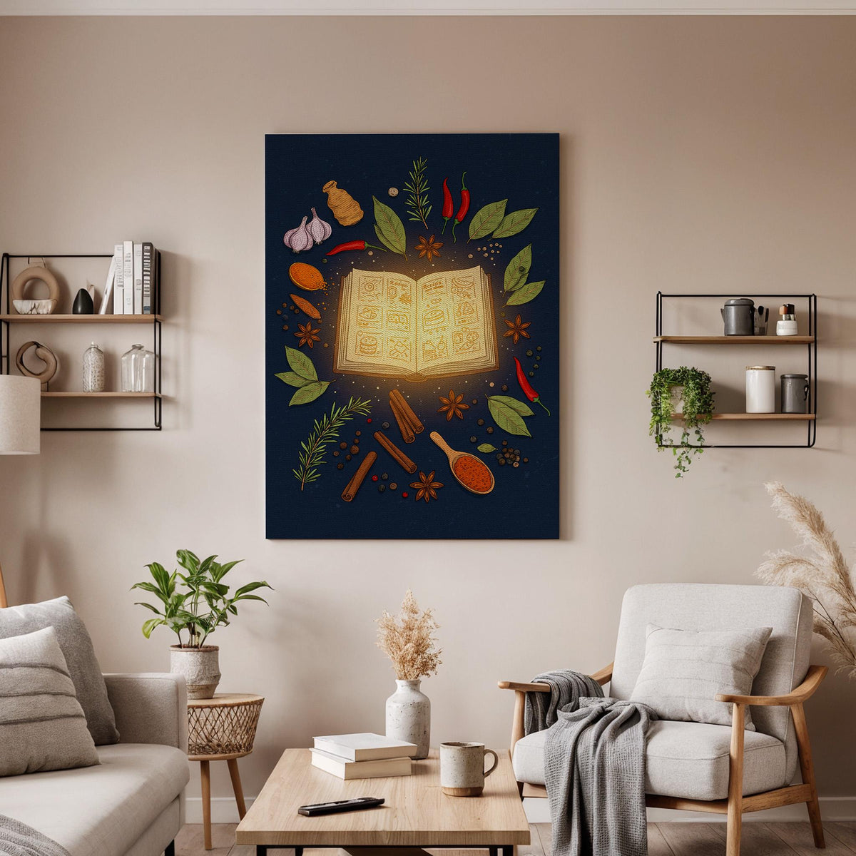 Magical Recipe Book Canvas Wall Art  Illustrated Spices &amp; Herb Kitchen Poster, Culinary Witch Decor, Cozy Cooking Gift for Food Lovers