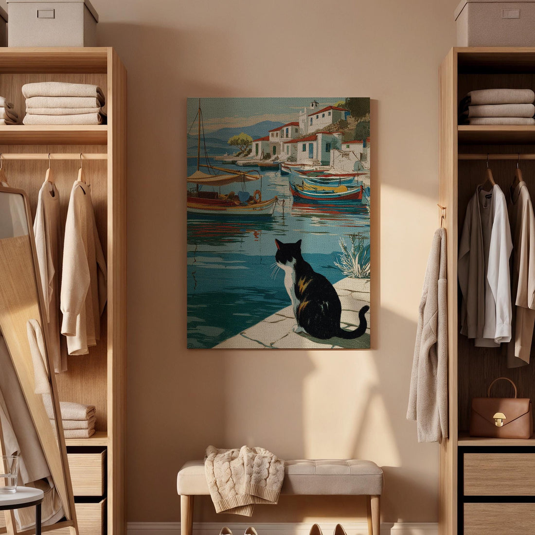 Mediterranean Cat Canvas Wall Art Coastal Village Poster Vintage Boat Harbor Print Relaxing Sea View Artwork for Cat Lovers and Home Decor