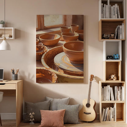 Clay Pottery Canvas Wall Art  Rustic Ceramic Bowls on Wheel Poster, Artisan Craft Print, Handmade Pottery Studio Decor for Makers &amp; Artists