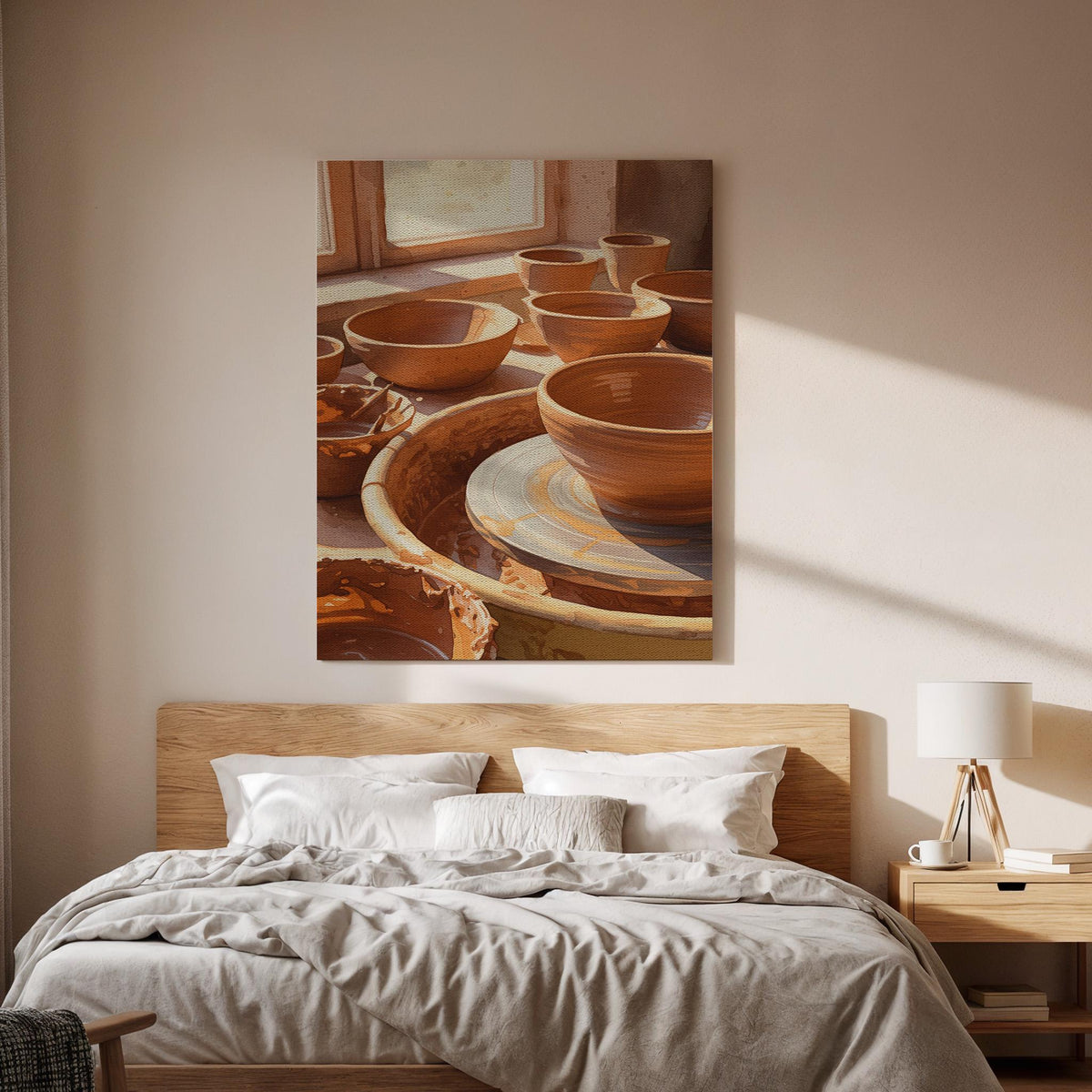 Clay Pottery Canvas Wall Art  Rustic Ceramic Bowls on Wheel Poster, Artisan Craft Print, Handmade Pottery Studio Decor for Makers &amp; Artists