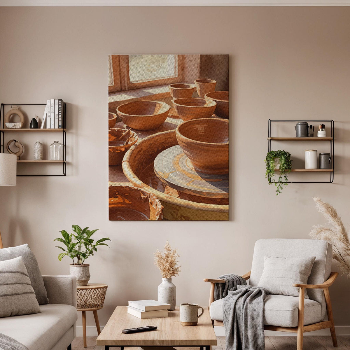 Clay Pottery Canvas Wall Art  Rustic Ceramic Bowls on Wheel Poster, Artisan Craft Print, Handmade Pottery Studio Decor for Makers &amp; Artists
