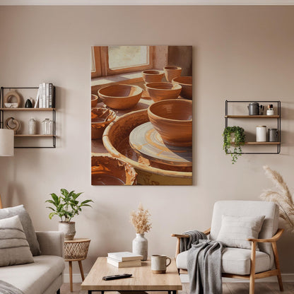 Clay Pottery Canvas Wall Art  Rustic Ceramic Bowls on Wheel Poster, Artisan Craft Print, Handmade Pottery Studio Decor for Makers &amp; Artists