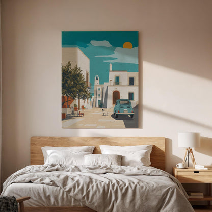 Mediterranean Village Canvas Wall Art  Retro Car Summer Print Coastal Italy Greece Decor Gift for Travel Lovers and Modern Home Interiors