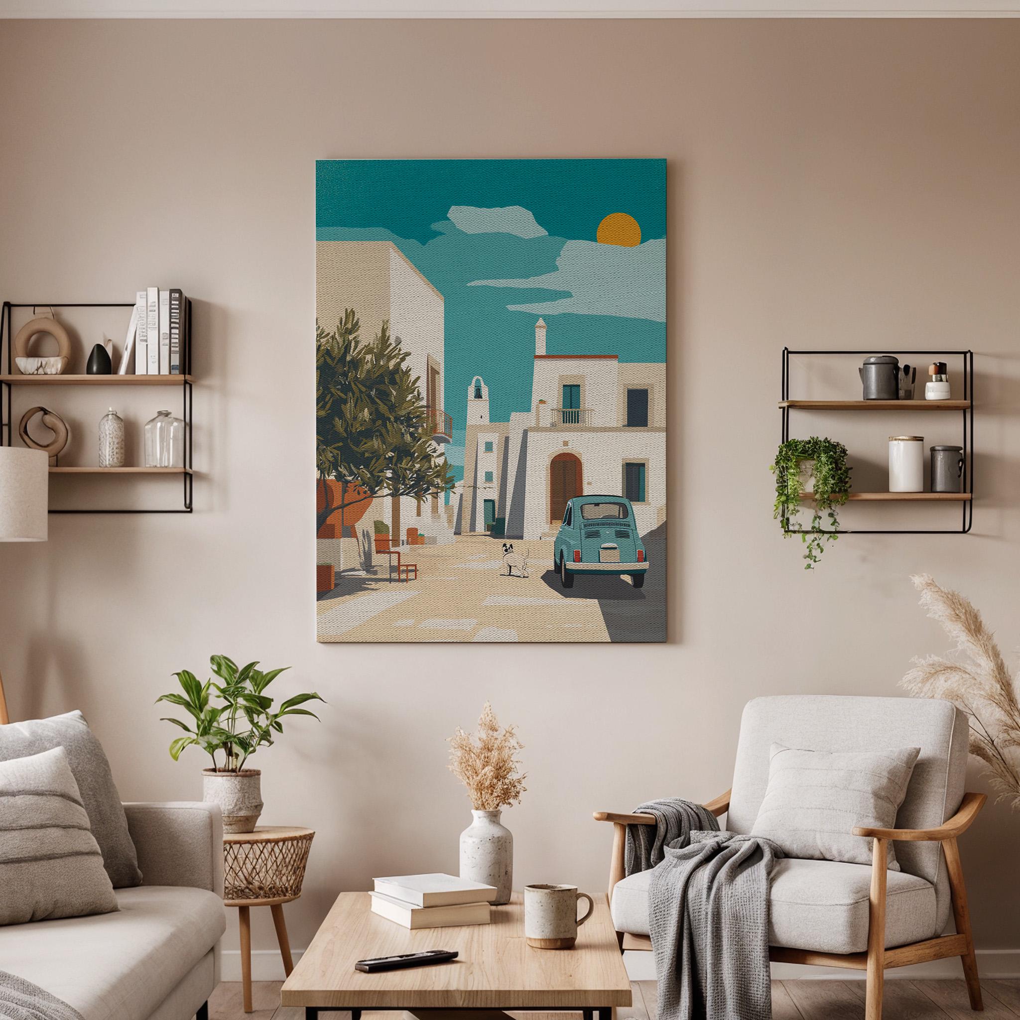 Mediterranean Village Canvas Wall Art  Retro Car Summer Print Coastal Italy Greece Decor Gift for Travel Lovers and Modern Home Interiors