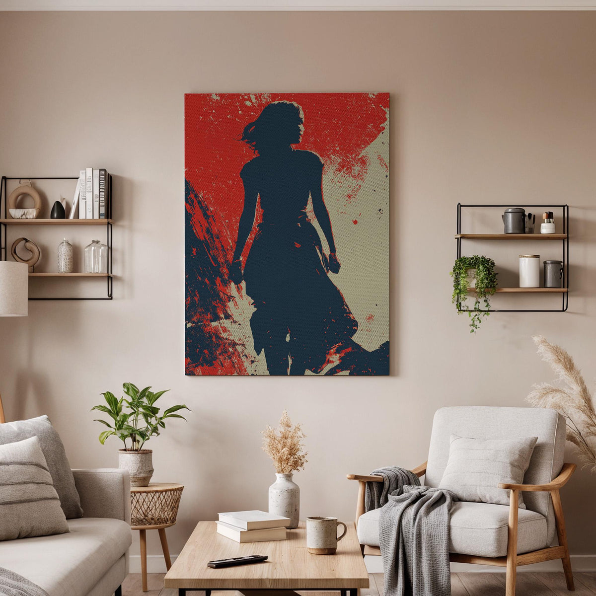 Abstract Woman Silhouette Canvas Art  Bold Red and Blue Modern Wall Print, Empowering Feminine Figure Artwork for Home or Office Decor