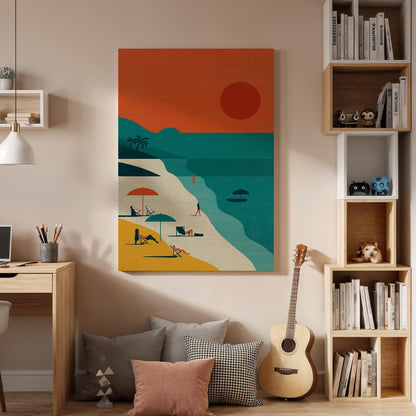 Retro Beach Sunset Canvas Wall Art  Minimalist Coastal Print, Summer Ocean Poster Decor Gift for Beach Lovers and Vacation Dreamers