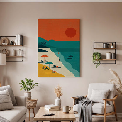 Retro Beach Sunset Canvas Wall Art  Minimalist Coastal Print, Summer Ocean Poster Decor Gift for Beach Lovers and Vacation Dreamers