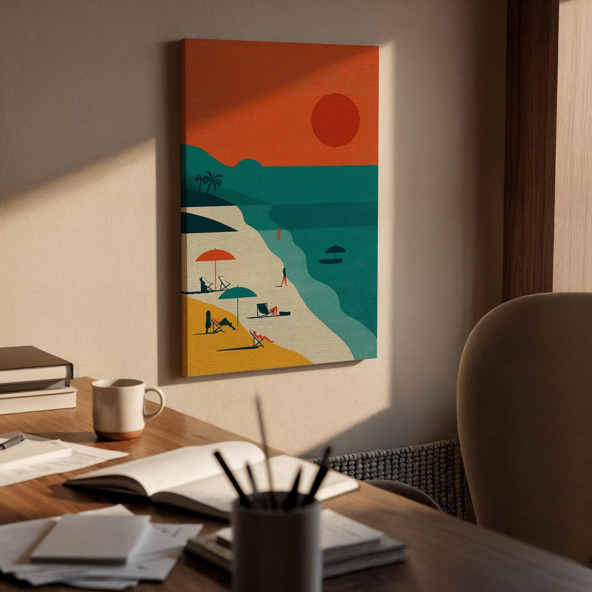 Retro Beach Sunset Canvas Wall Art  Minimalist Coastal Print, Summer Ocean Poster Decor Gift for Beach Lovers and Vacation Dreamers