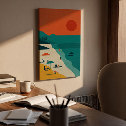 Retro Beach Sunset Canvas Wall Art  Minimalist Coastal Print, Summer Ocean Poster Decor Gift for Beach Lovers and Vacation Dreamers