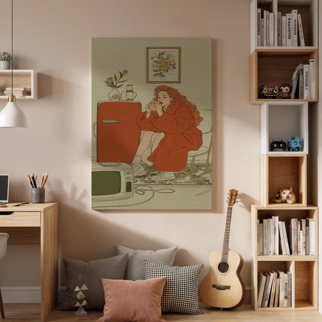 Retro Girl Canvas Wall Art  Vintage Illustration Poster, Cozy Nostalgic Home Print, Aesthetic Retro Room Decor Gift for Art Lovers