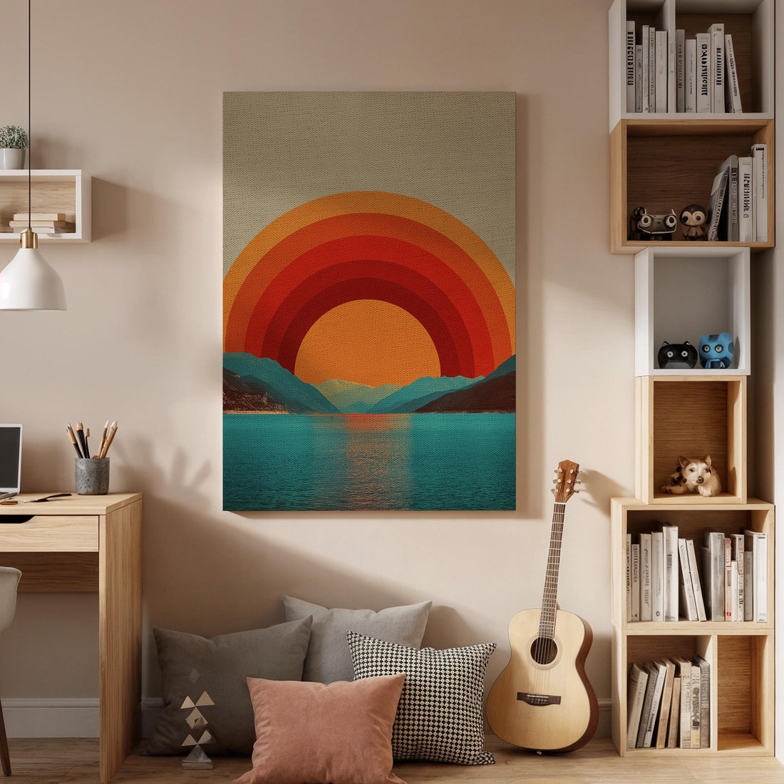Retro Sunset Canvas Wall Art  Geometric Landscape Poster, Bold Sun and Mountain Print, Modern Boho Minimalist Wall Decor Gift for Home