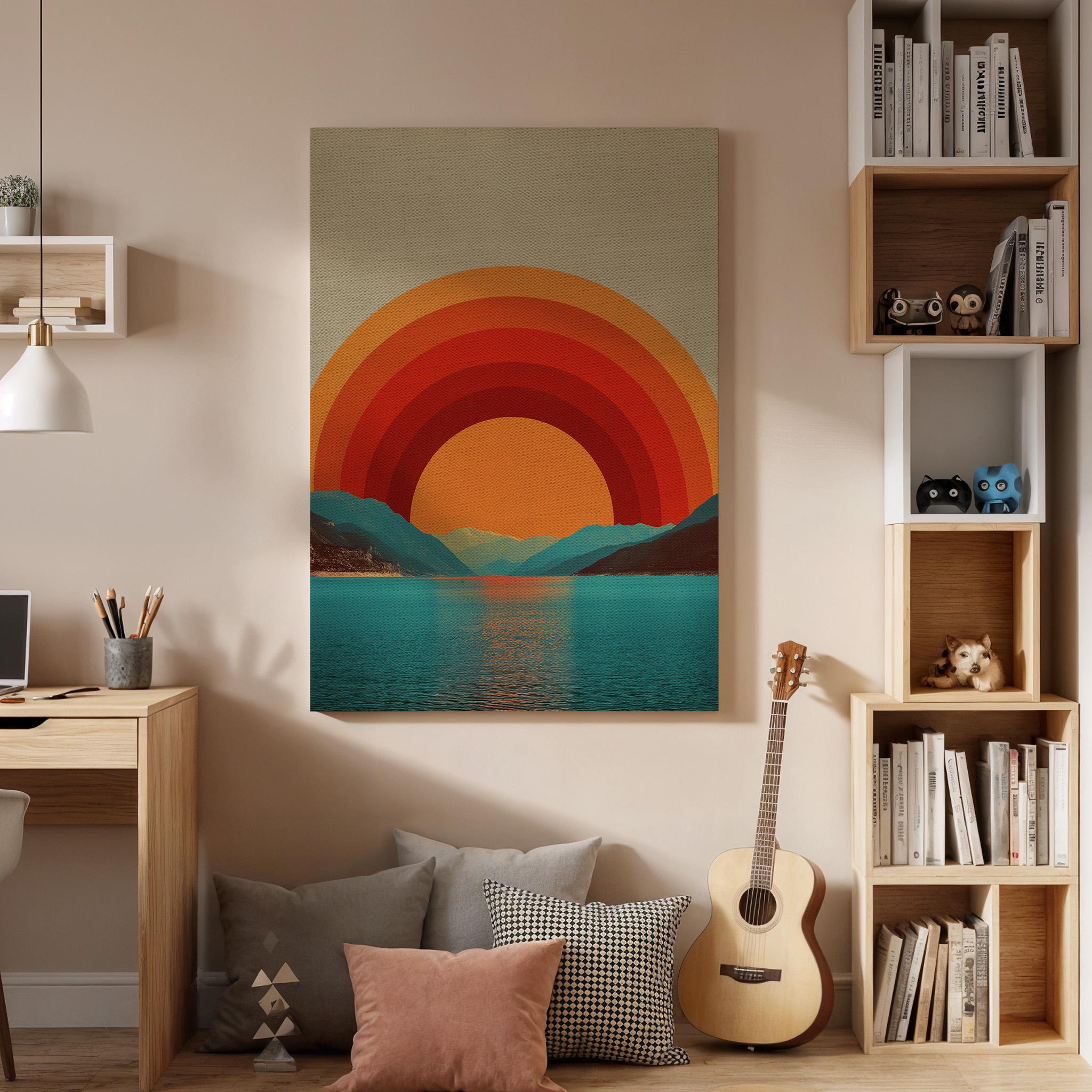 Retro Sunset Canvas Wall Art  Geometric Landscape Poster, Bold Sun and Mountain Print, Modern Boho Minimalist Wall Decor Gift for Home