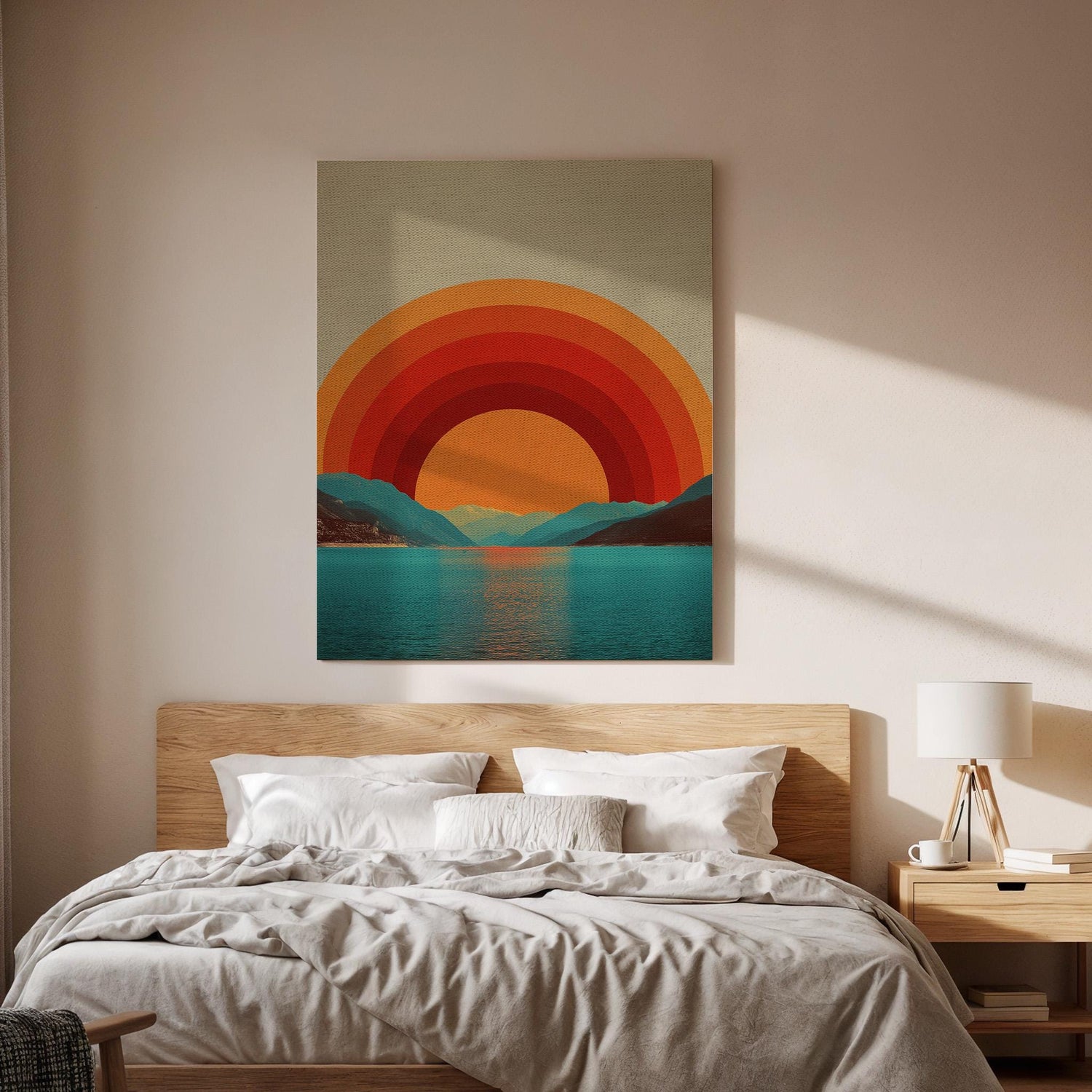 Retro Sunset Canvas Wall Art  Geometric Landscape Poster, Bold Sun and Mountain Print, Modern Boho Minimalist Wall Decor Gift for Home
