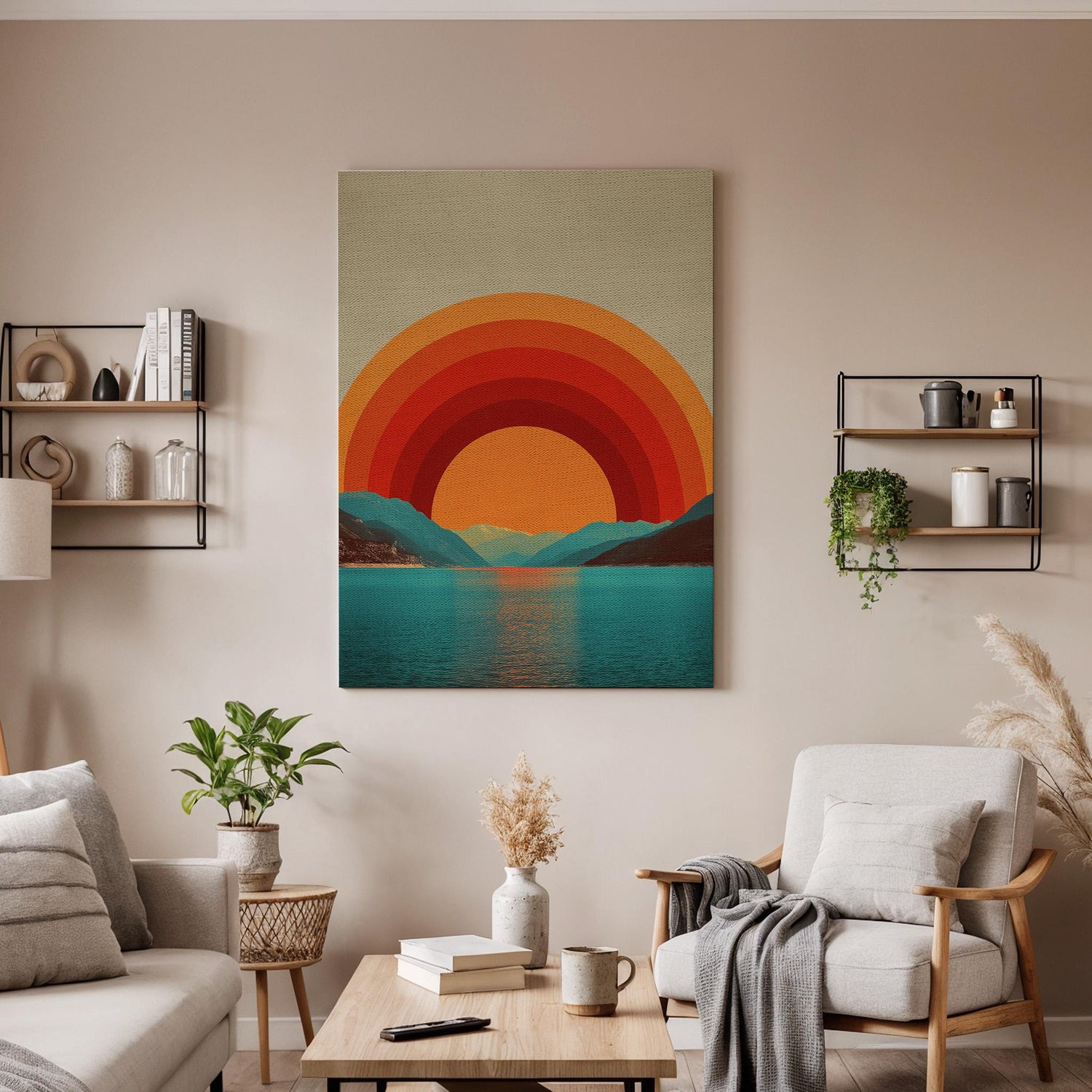 Retro Sunset Canvas Wall Art  Geometric Landscape Poster, Bold Sun and Mountain Print, Modern Boho Minimalist Wall Decor Gift for Home