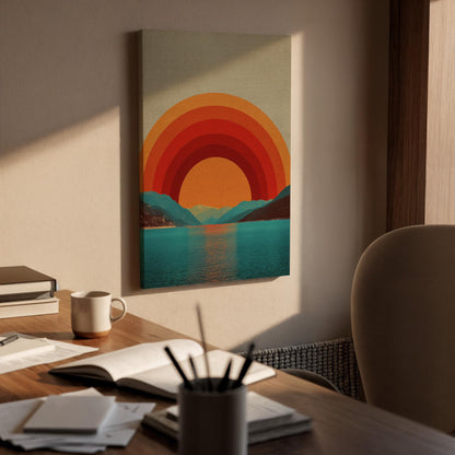 Retro Sunset Canvas Wall Art  Geometric Landscape Poster, Bold Sun and Mountain Print, Modern Boho Minimalist Wall Decor Gift for Home
