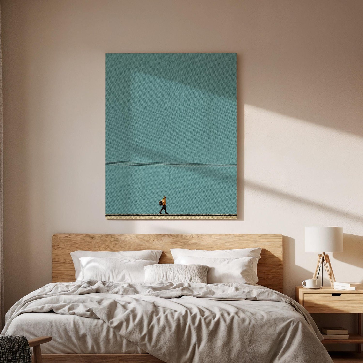 Minimalist Walking Man Canvas Wall Art Modern Abstract Poster Blue Sky Large Print Contemporary Home Office Decor for Travelers and Dreamers