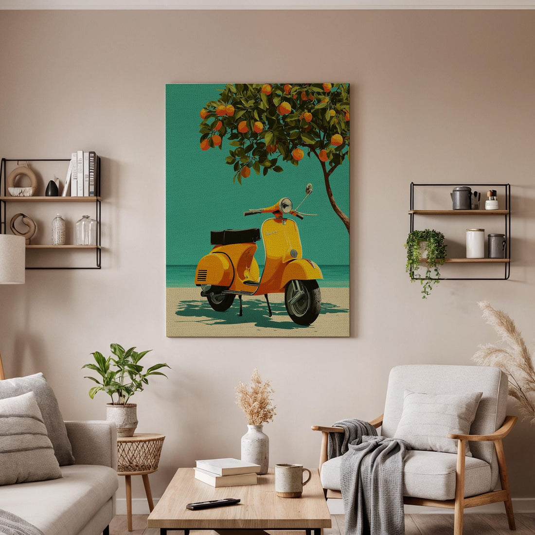 Retro Scooter Canvas Wall Art Vintage Motorcycle Poster Summer Beach Print Orange Tree Teal Sky Decor for Riders Travelers and Coastal Homes