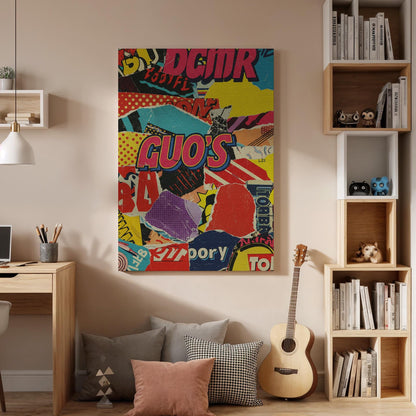 Pop Art Collage Canvas Wall Art  Bold Retro Typography Print, Vibrant Street Style Poster, Urban Abstract Wall Decor for Modern Interiors
