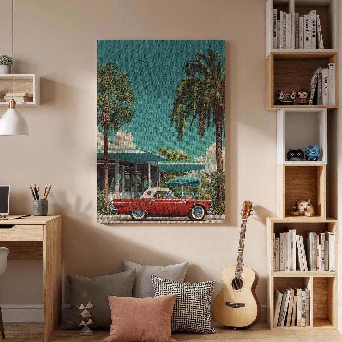 Retro Car Canvas Wall Art Palm Tree Summer Poster Mid Century Modern House Print Teal Sky Red Classic Vehicle Decor Gift for Vintage Lovers